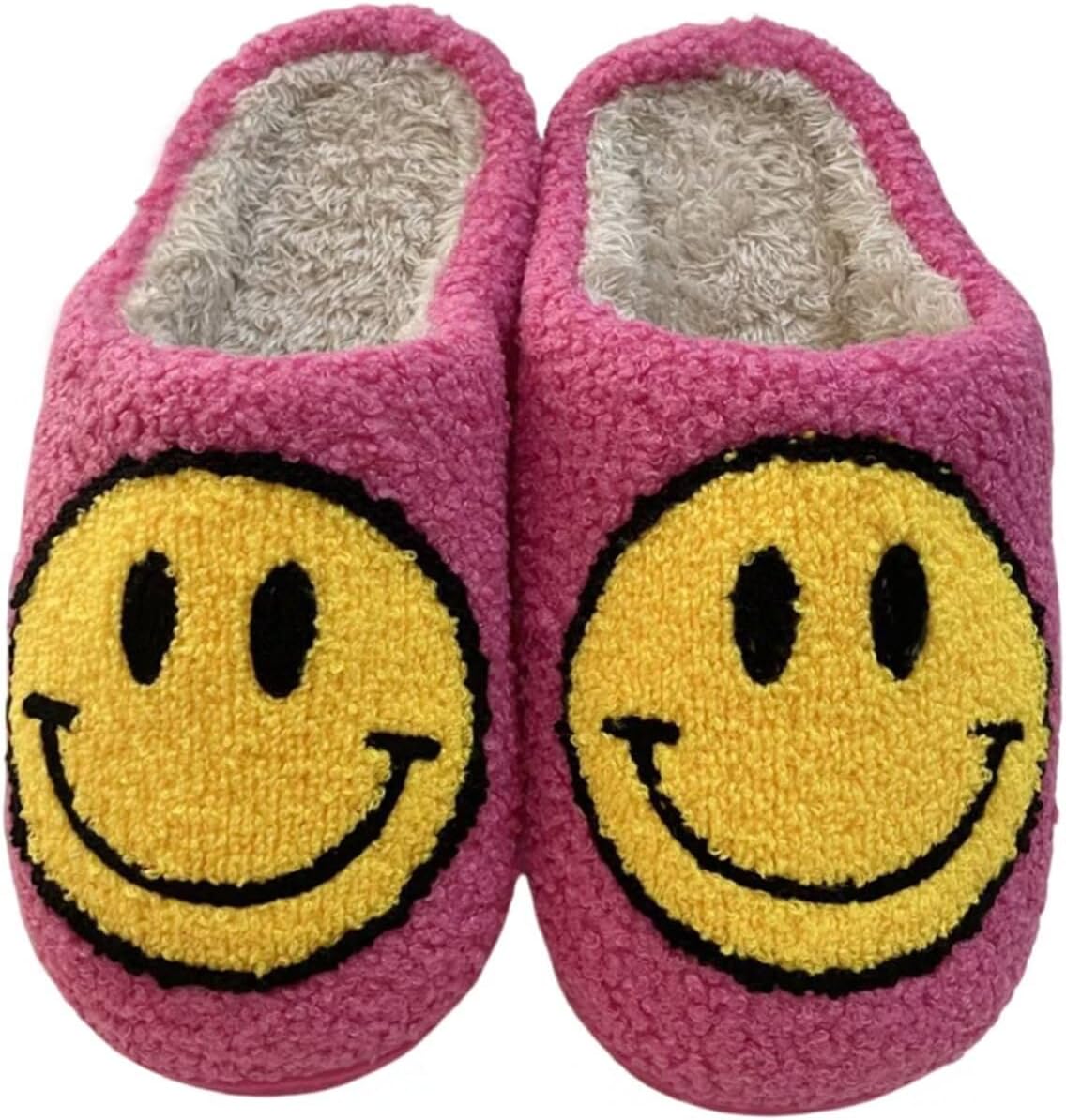 KEYUSHOP Happy Face Slippers for Kids Smile Face House Slippers Soft Plush Warm Preppy Slipper Anti-Slip Winter Fuzzy House Shoes for Toddler Girls