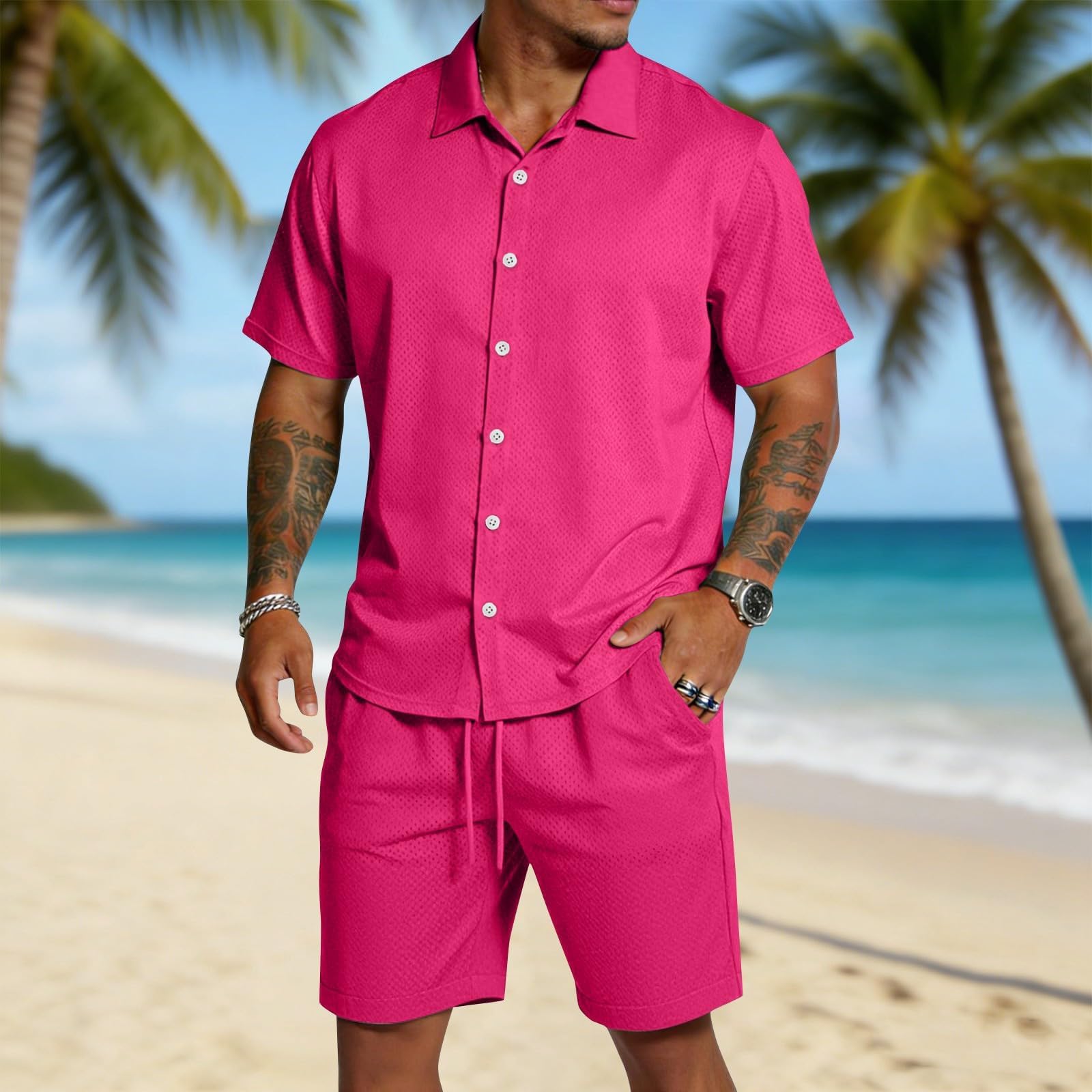 Herren 2-Teiler Sommer Outfit Hemd Shorts Set Strick Struktur Freizeit Strand Urlaub Leicht Baggy Hausanzug Sport Jogginganzug