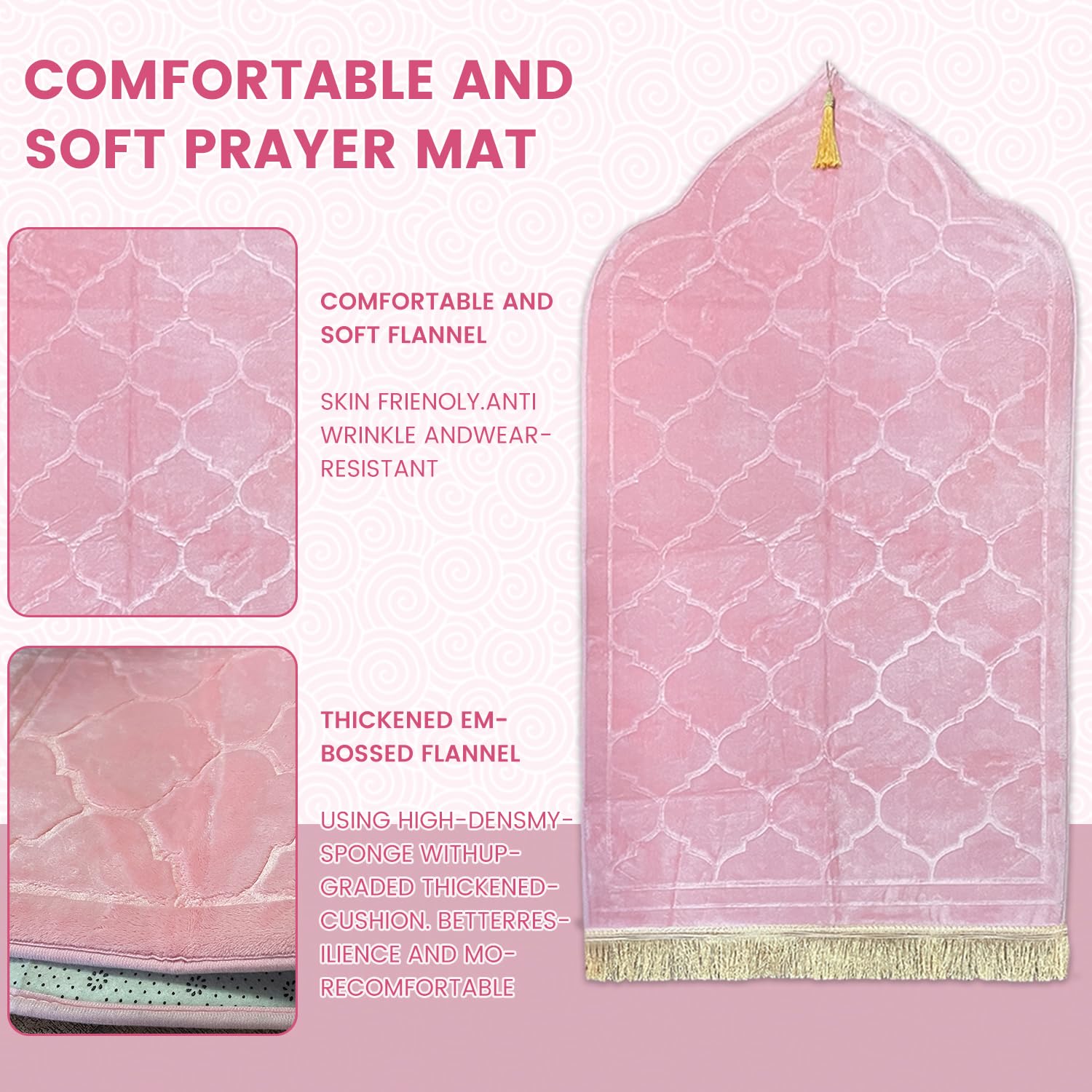 YumSur Prayer Mat Muslim Prayer Rugs Soft Flannel Islamic Prayer Mat Turkish Praying Carpet Large Size Area Rugs Ottoman Blankets Ramadan Gift for Men Women (PInk) - Image 4