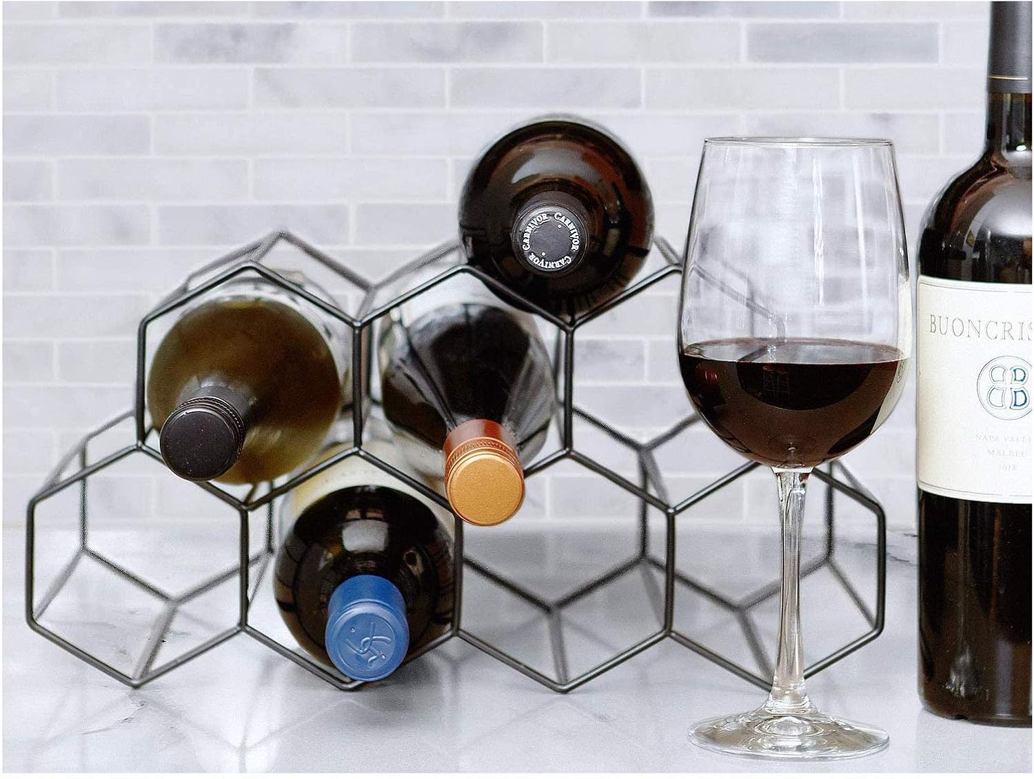 Metal Wine Rack Freestanding Tabletop Wine Bottles Rack Countertop Wine Bottle Holder - Geometric Design for Wine Cellar Bar Cabinet (Black)