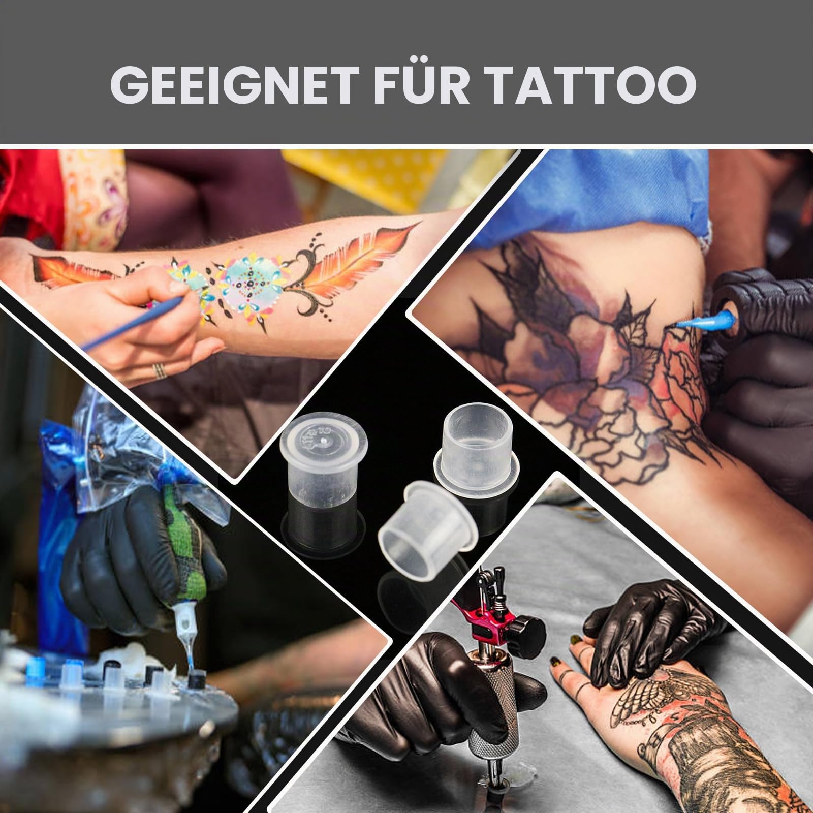 Emalla 1000 Stück Tattoo Farbkappen Cups #14 Ink Cups mit Base Einweg Pigment Caps Klein Kunststoff Farbbehälter für Tattoo Zubehör