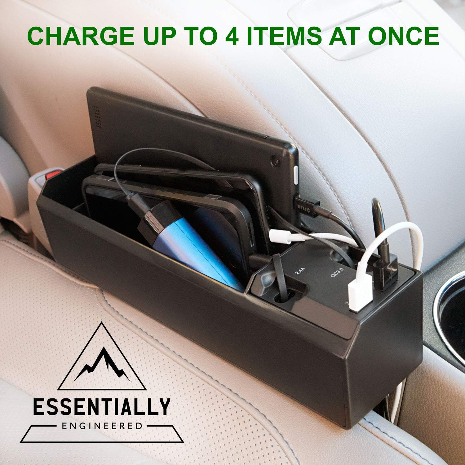 Essentially Engineered Integral USA Car Console Seat Pocket Organizer with 2 USB Chargers, Retractable iPhone QC3.0 Cables, Multifunctional Seat Gap Filler for Cell Phones, Wallets, and Organization : Automotive