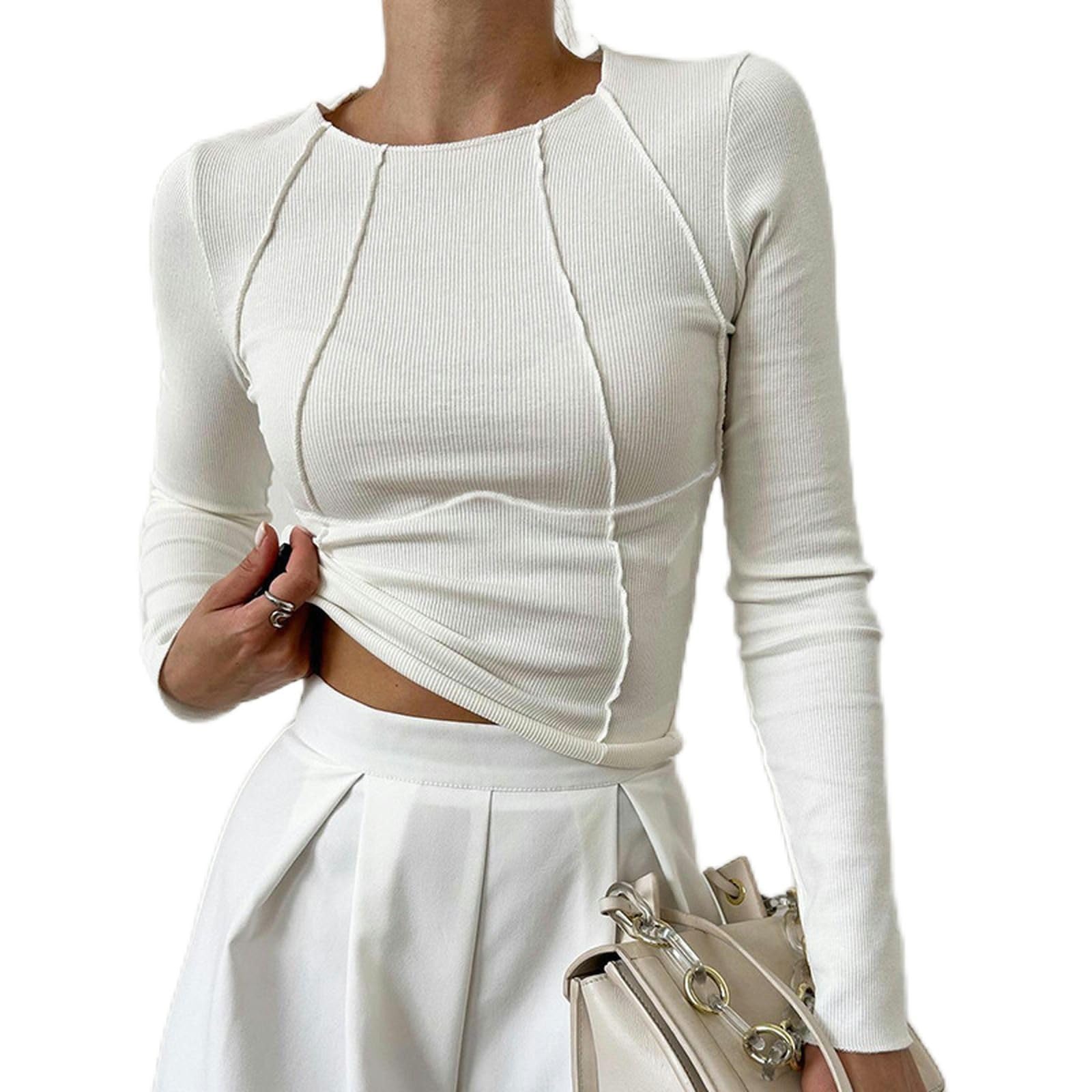 T-shirt rayé manches longues opaque col rond blanc femme