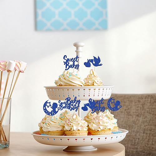 Miniatura 95 de 24 piezas Oh Baby Boy Cupcake Toppers Silver Glitter Enterizo Botella Cisne Baby Shower Boy Cupcake Picks Género Reveal Theme Baby Shower Niños