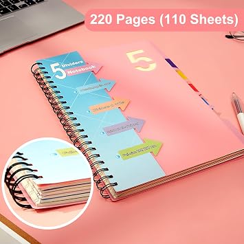 CAGIE 5 Subject Notebook 8.5 x 11,A4 Spiral Notebooks College Ruled Spiral Notebook with Dividers Tabs,220 Pages Lined Spiral Notebook for Note Taking, School, Work, Pink
