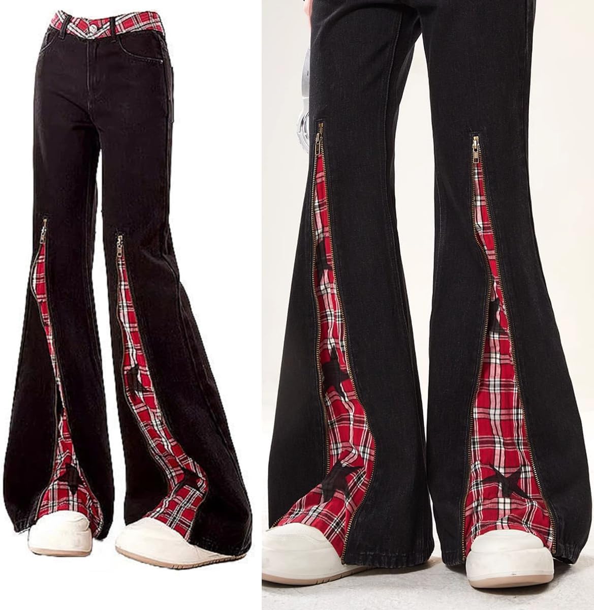 Gothic Fashion Womens Jeans Y2K Casual High Waist Straight Star Plaid Spliced Zipper Leg Flared Denim Pants - Image 3