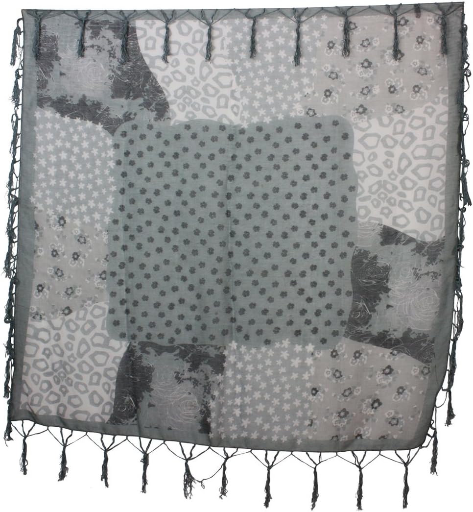Multi Flowers Leopard Pattern Tassel Ends Sheer Square Scarf Sarong
