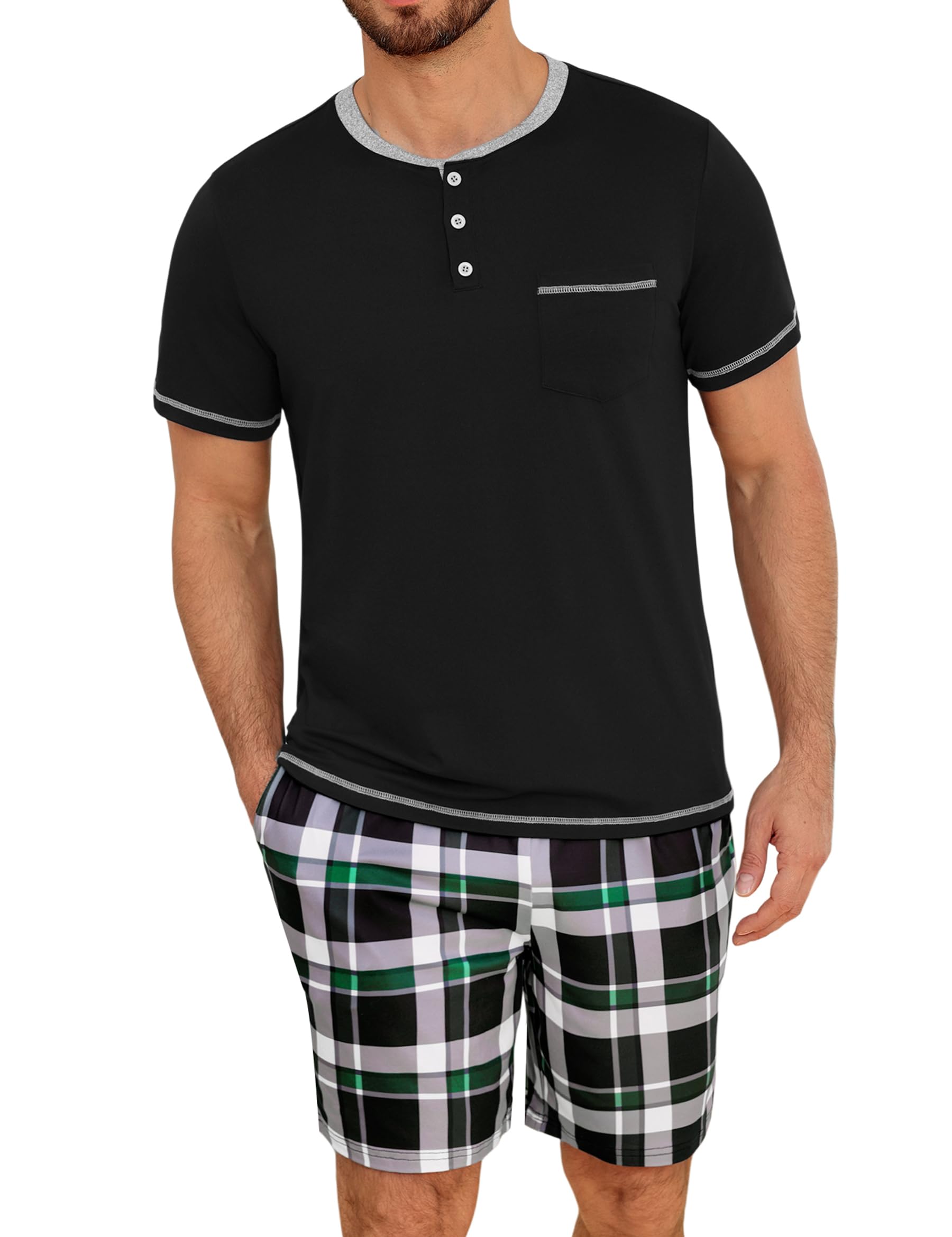 Uniexcosm Herren Schlafanzug Kurz Zweiteiler Sommer Pyjama Set Baumwolle Kurzarm Nachtwäsche und Karierten Shorts für Männer