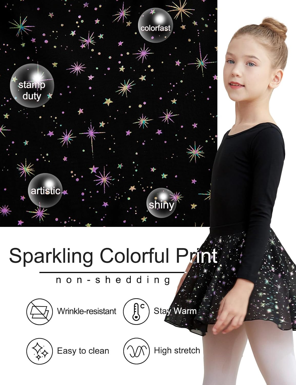 DIPUG Long Sleeve Ballet Leotards for Girls Dance Dress Removable Skirt with Shiny Star - Image 4