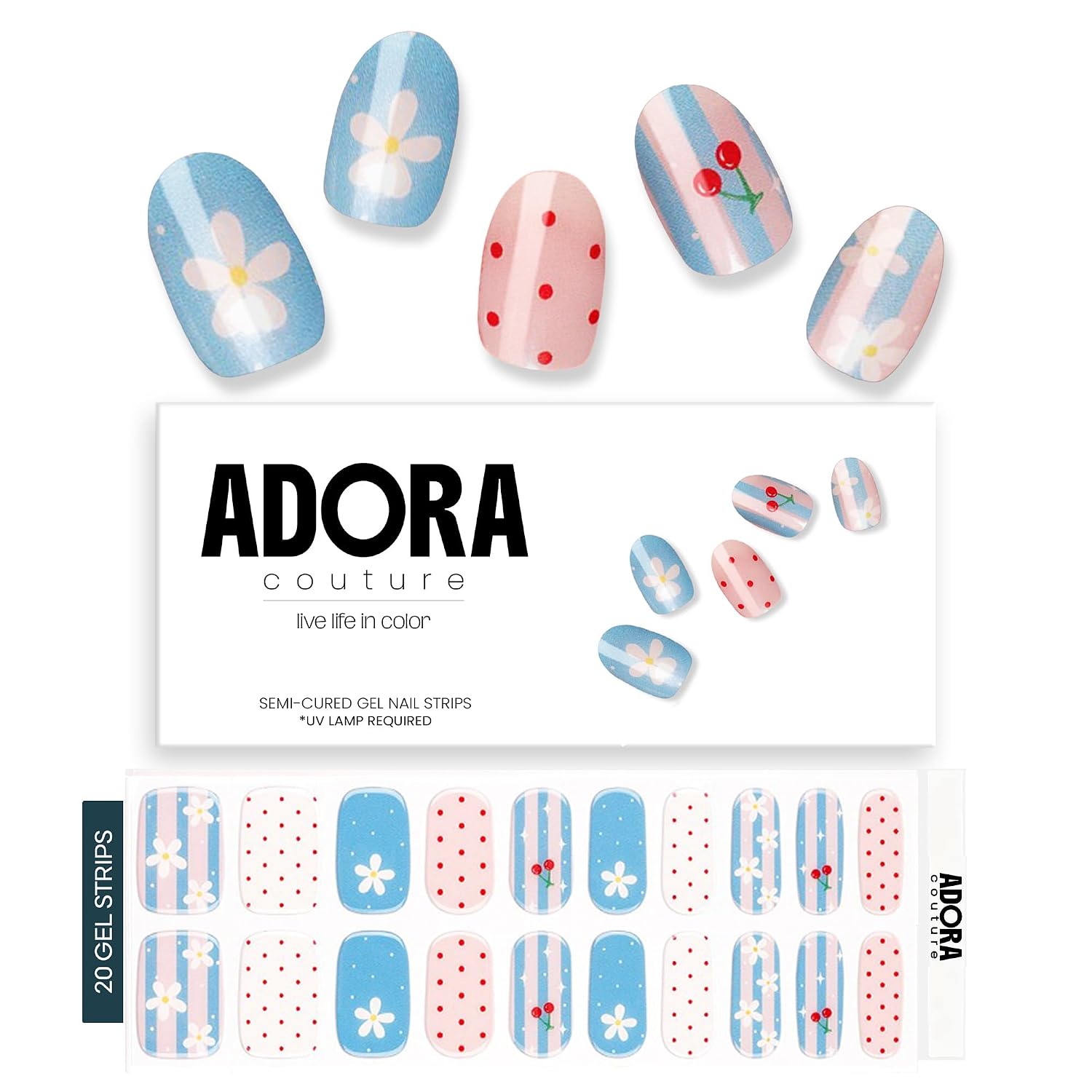 Adora Couture Semi Cured Gel Nail Strips, Summer Joy, 20 Pieces | UV Gel Stickers, Includes Prep Pads, Nail File, Wooden Stick, Easy Application Wraps, UV Light Required