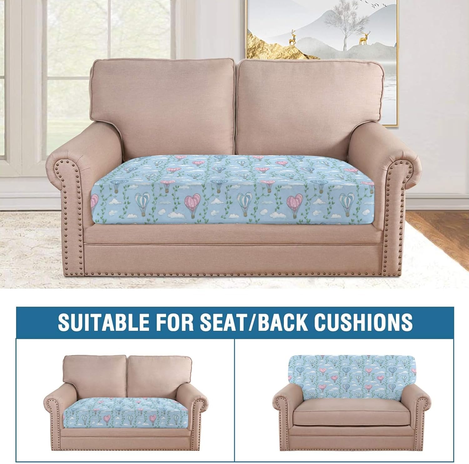 Heart Balloon Sky Blue Loveseat Covers Couch Covers for 2 Cushion Couch, 2-Piece Stretch Sofa Slipcovers Anti-Slip Washable Furniture Protectors for Dogs Pets