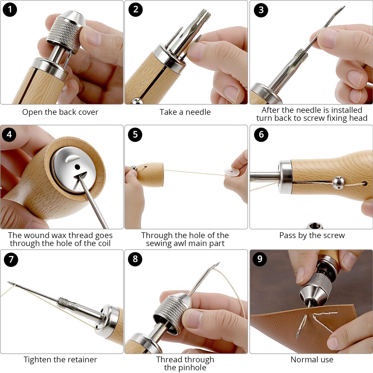 QWORK Sewing Awl Kit with Bag, Leather Sewing Waxed Thread Kit, Repair Sewing Kit, Portable Awl Tool Stitching, Leather Craft Tool Kit