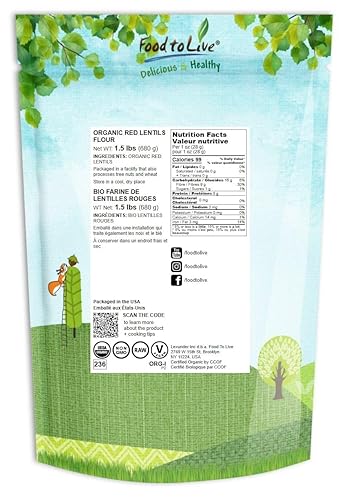 Miniatura 8 de Harina de lentejas rojas orgánicas, 20 libras, sin OMG, finamente molida, pura, cruda, ceto, polvo vegano nutritivo a granel. Buena fuente de