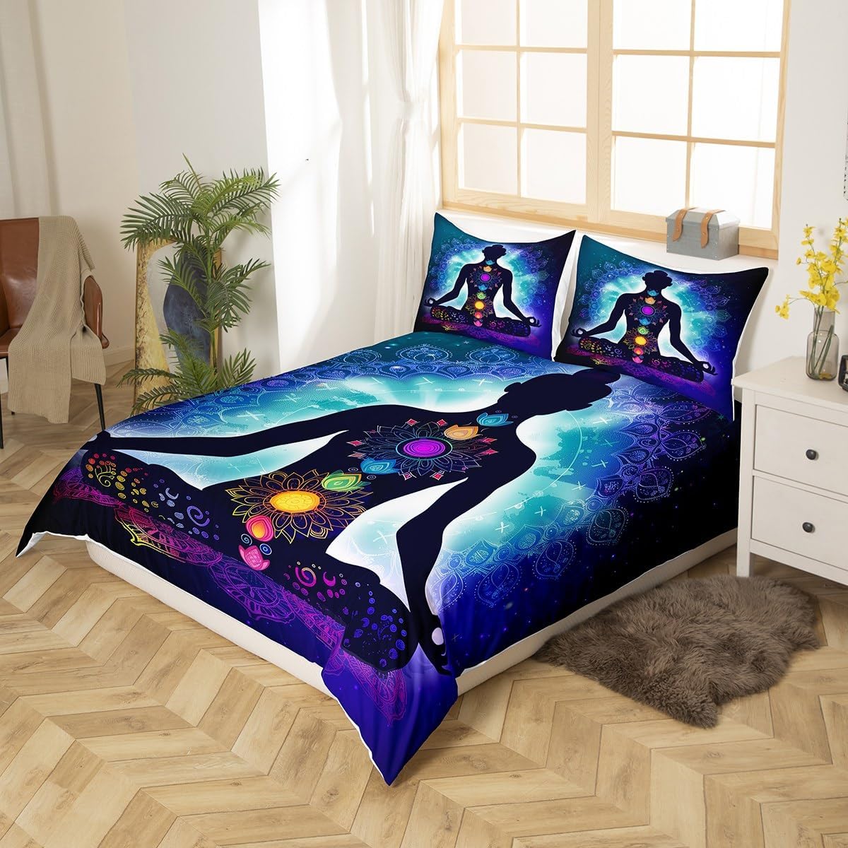 Yoga Duvet Cover Set King Size,Chakra Meditation Bedding Set,Blue Mandala Comforter Cover Boho Hippie Style with Chakra Art Print Bedspreads Cover,Kids Adult Room Decor Bed Cover with Zipper Dark Blue