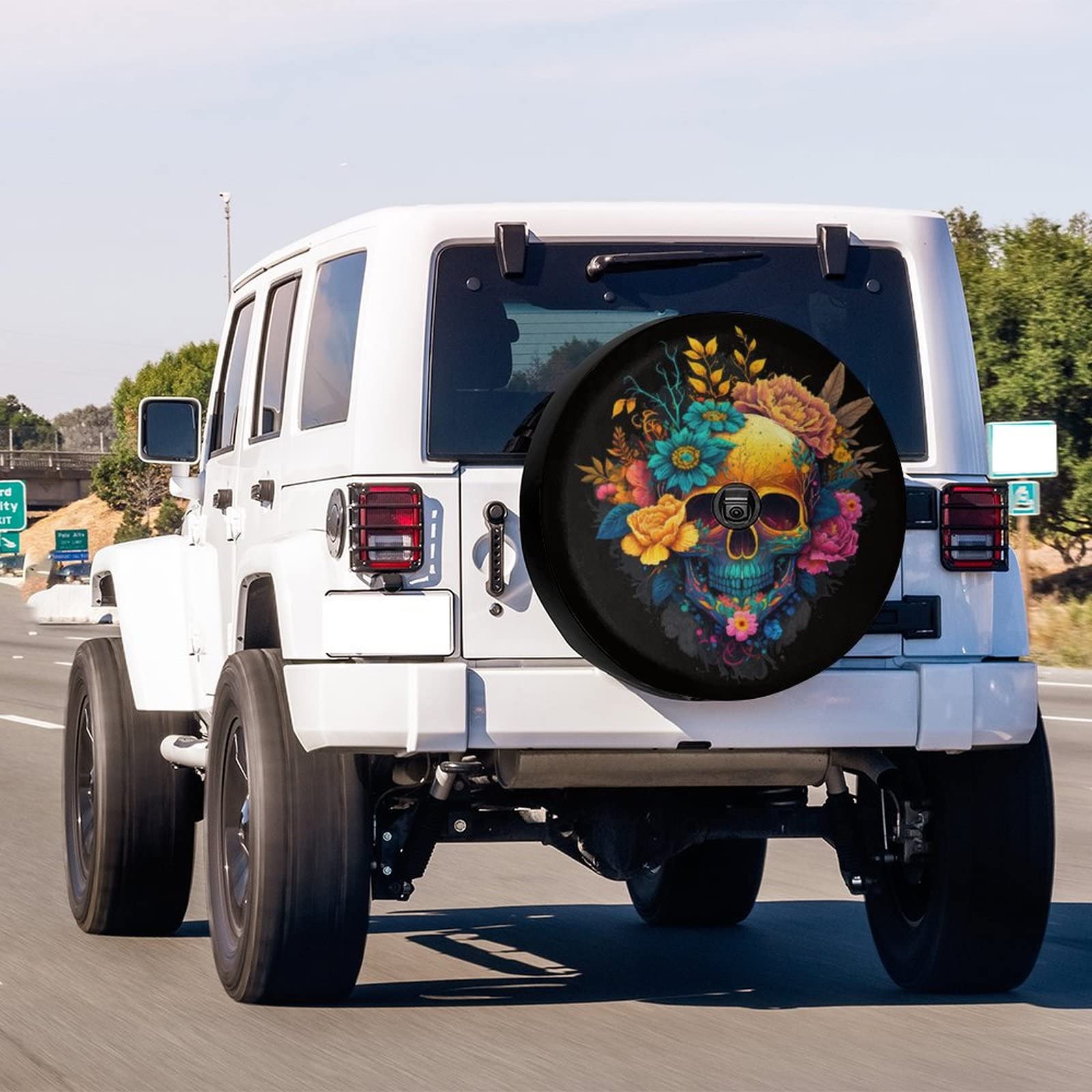 Delerain Spare Tire Cover with Backup Camera Hole Skull with Peonies Wheel Covers Waterproof Dust-Proof UV Sun Universal Fit for Jeep Trailer RV SUV Truck (18 Inch for Diameter 32