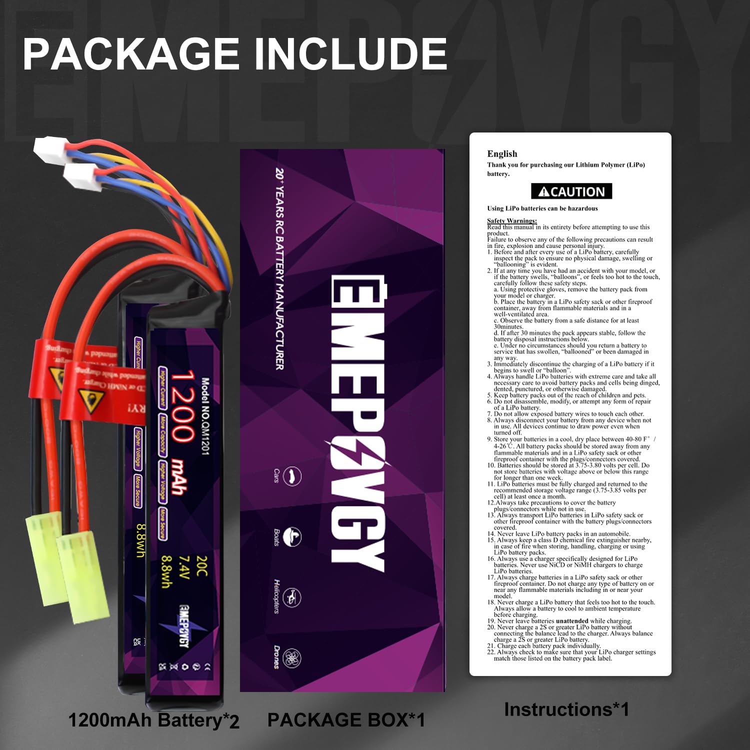 2S Lipo Airsoft - Batteria ricaricabile ai polimeri di litio, 7,4 V, 1200 mAh, 20C, con mini spina TMY per fucili da softair - 2096 (2 confezioni)