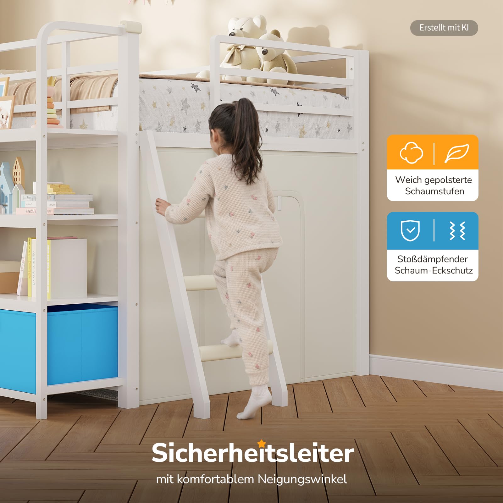 Kinderhochbett 90x200,Weiß+Gelb+Blau | LED-Licht, Schreibtisch, Stauraum, Spielhöhle. 4-in-1: Schlafen, Lernen, Stauraum, Spielen