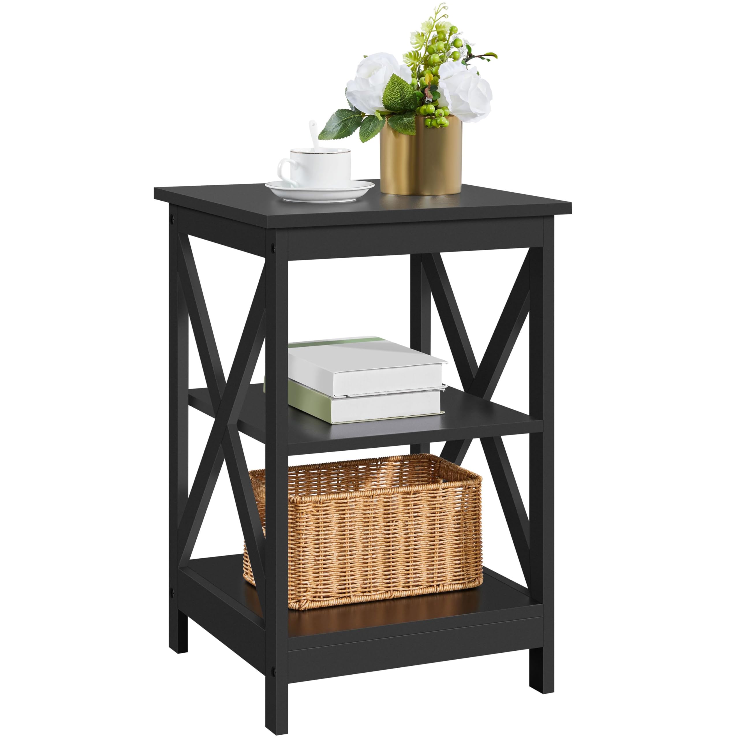 Yaheetech 3 Tier Sofa Side End Table with Shelf, X Shape Chair Side Coffee Snack Table for Living Room, Display Unit Organizer, Black
