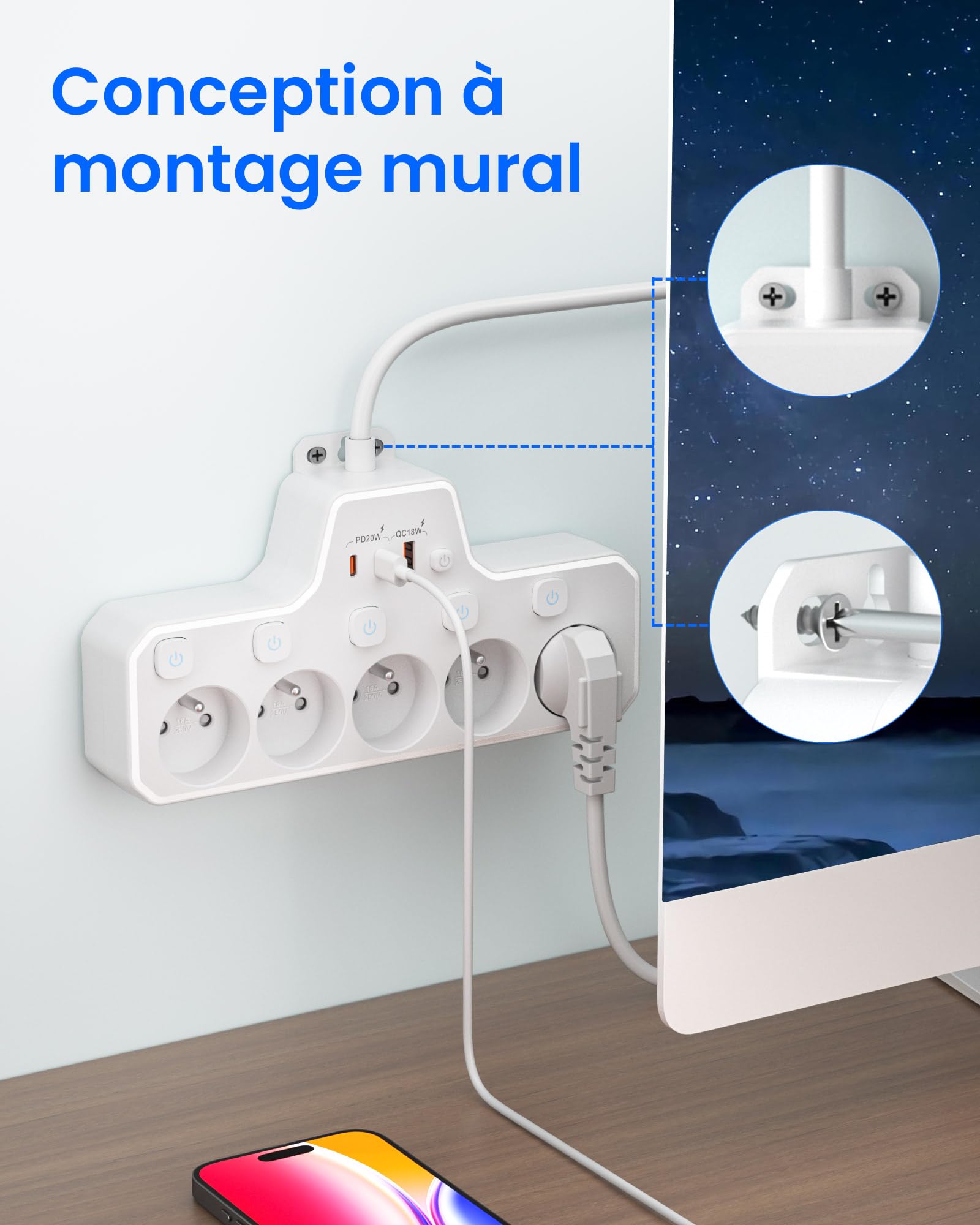 Listwa Zasilająca Wtyczka Płaska,5 Polskie Gniazda,Przedłużacz 2M Kabel | Gniazdo USB C PD20W Szybkim Ładowaniem,Indywidualny Przełącznik,Płaskie Gniazdko do Domu i Biura,za Biurkiem i Meblami,Biały