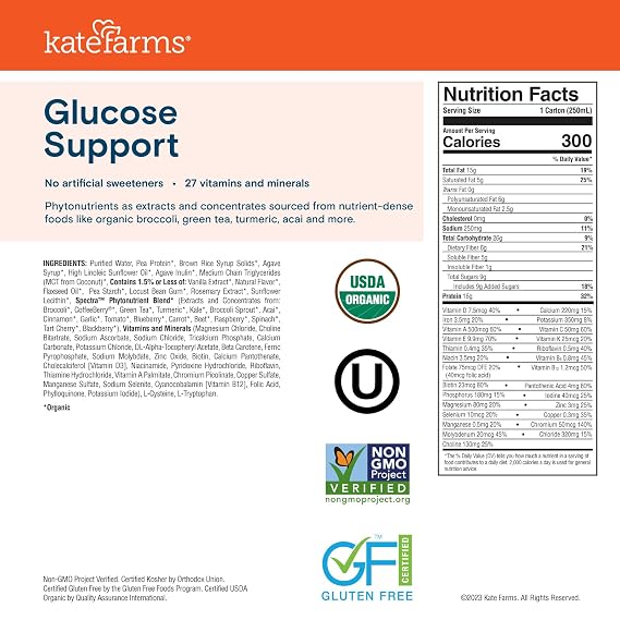KATE FARMS Organic 1.2 Glucose Support Shake, Vanilla, 16g Protein, 27 Vitamins and Minerals, Meal Replacement, 8.45 oz (6 Pack)