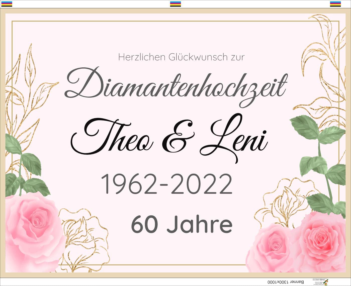 Hochzeitsbanner mit Wunschtext 130cm x 100cm Wetterfest | Gold und Rose Rosen grün 130 cm x 100 cm