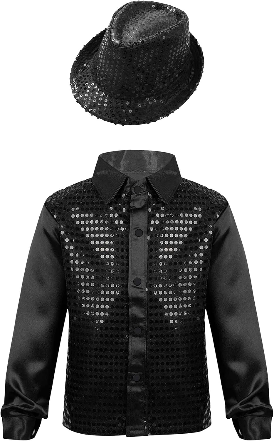 Hularka Kids Boys Shiny Long Sleeve Shirt Top Disco Hip Hop Latin Jazz Dance Jacket with Hat Performance Party Dancewear