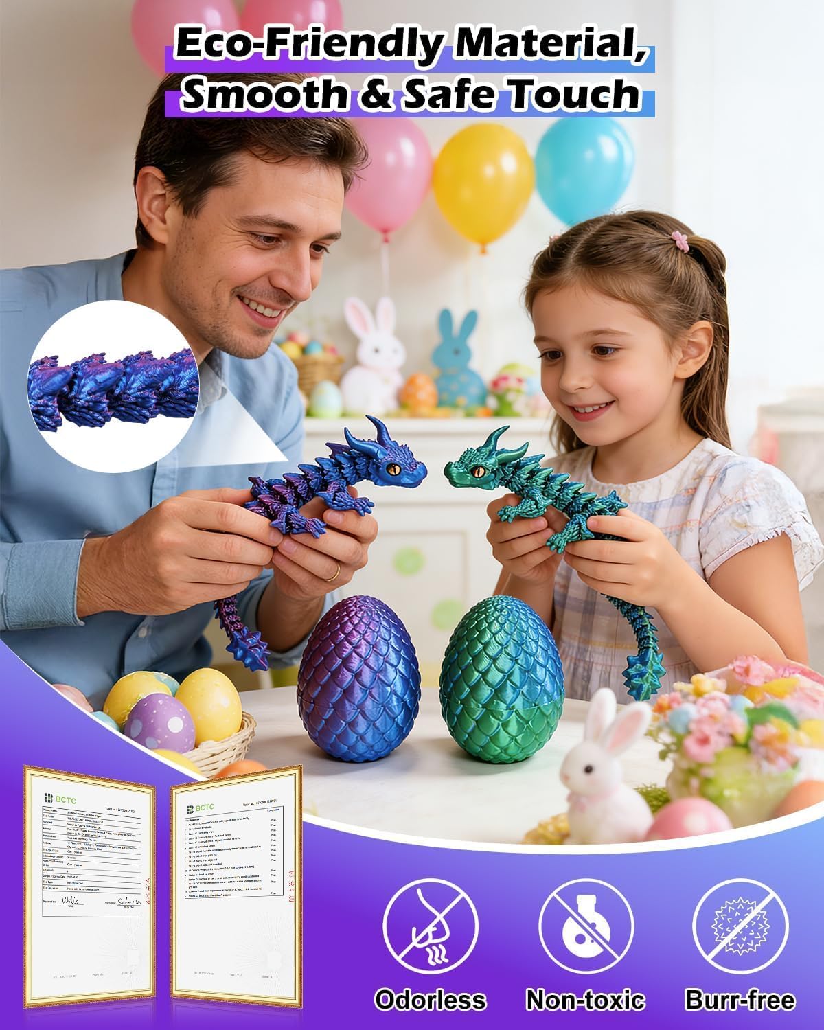 CloudValley 12'' 3D Printed Dragon Fidget Toy, 2 Pack Large Articulated Dragon Figurine, Flexible Stress Relief Toy for Kids Adults, Desk Office Decor Sensory Toy, Purple & Green(Includes Dragon Eggs)