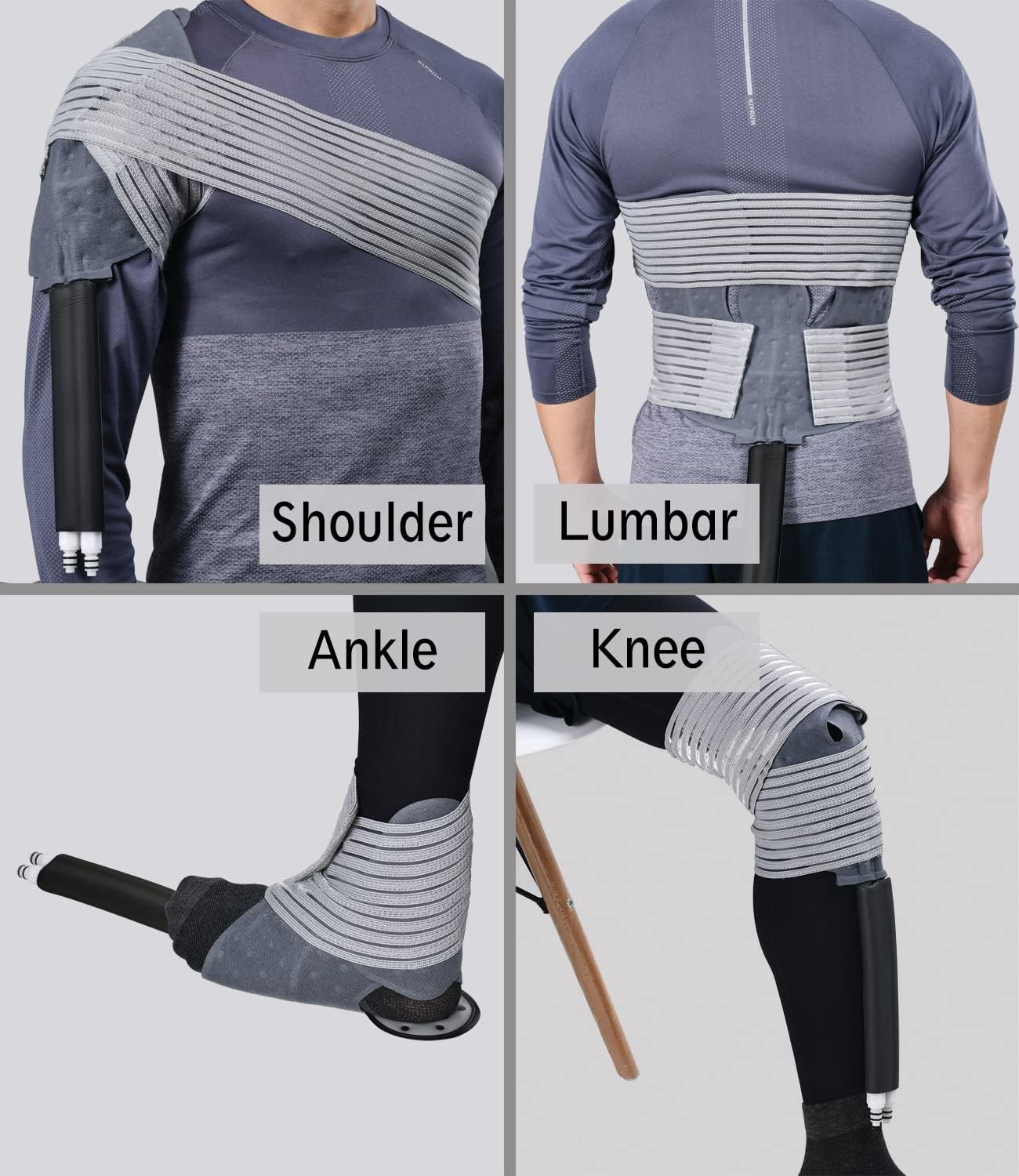 Examples of universal pad application on shoulder, lumbar, ankle, and knee.