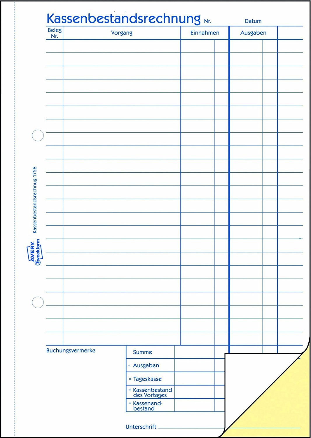AVERY Zweckform 1758 Kassenbestandsrechnung (A5, selbstdurchschreibend, 2x40 Blatt) weiß/gelb (10 Stück)