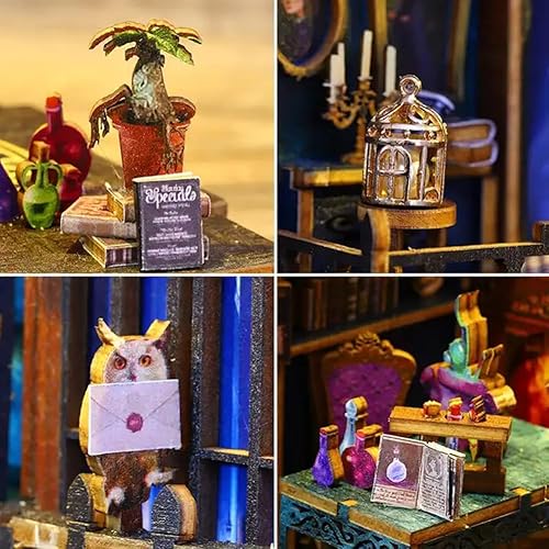 Miniatura 13 de Rompecabezas de madera 3D con caja de música de luz sensor, kit de montaje de rincón de libros en miniatura, kit de montaje de rincón de libros