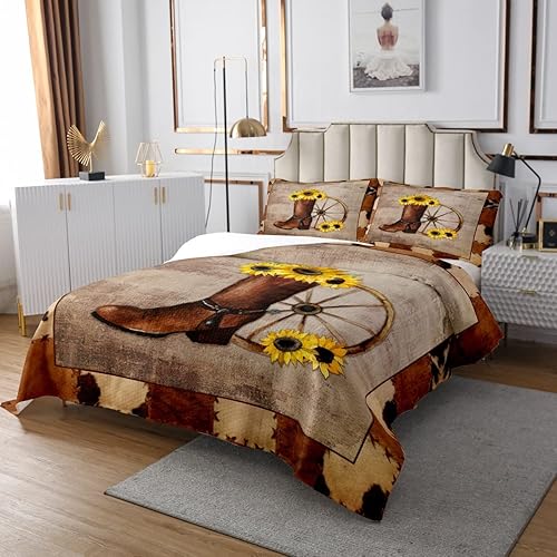 Miniatura 2 de Erosebridal Colcha de vaquero, tamaño King, retro, para botas vaqueras, girasol, granja, piel de vaca, vintage, exótico, bohemio, marrón, vaqueras