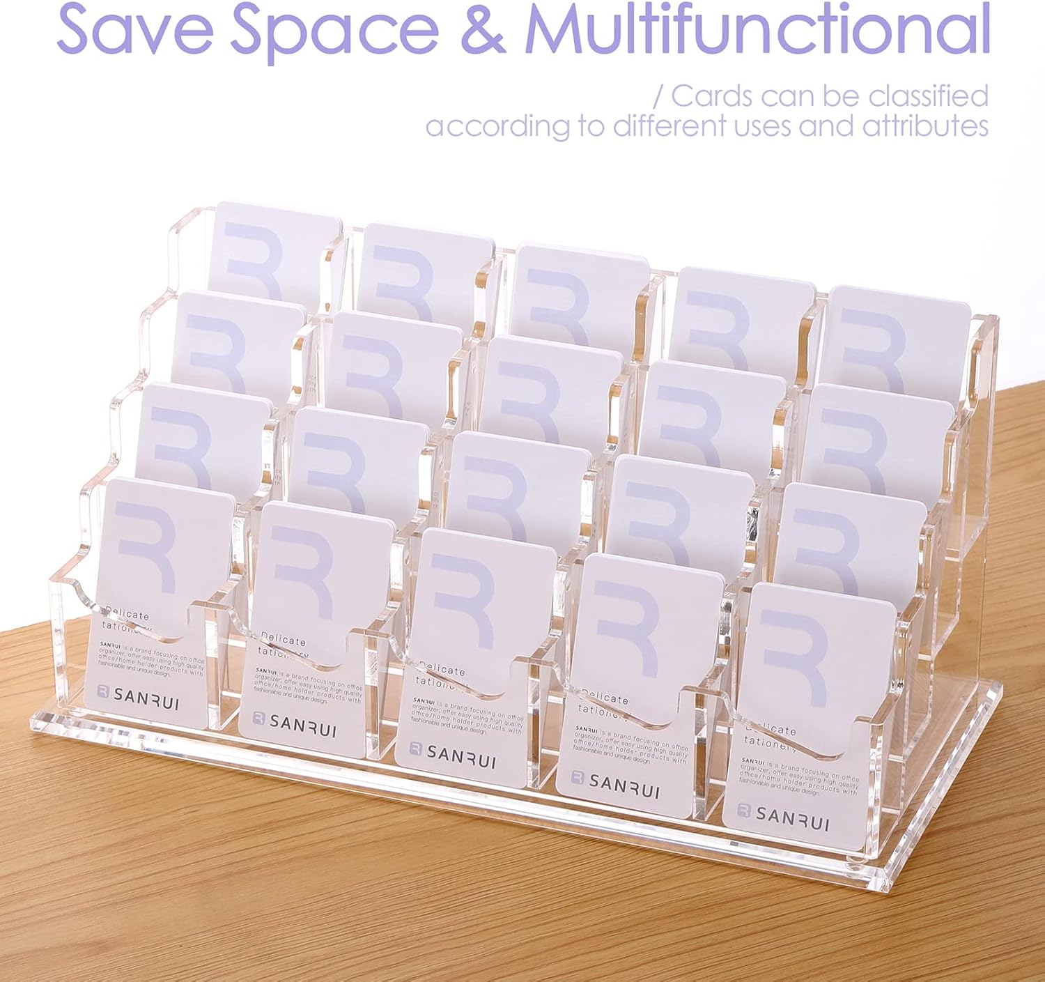 SANRUI Business Card Holder for Desk, Vertical Business Card Display ,Clear Acrylic Name Card Organizer Display Stand for Women and Men (Vertical, 20 Pockets)