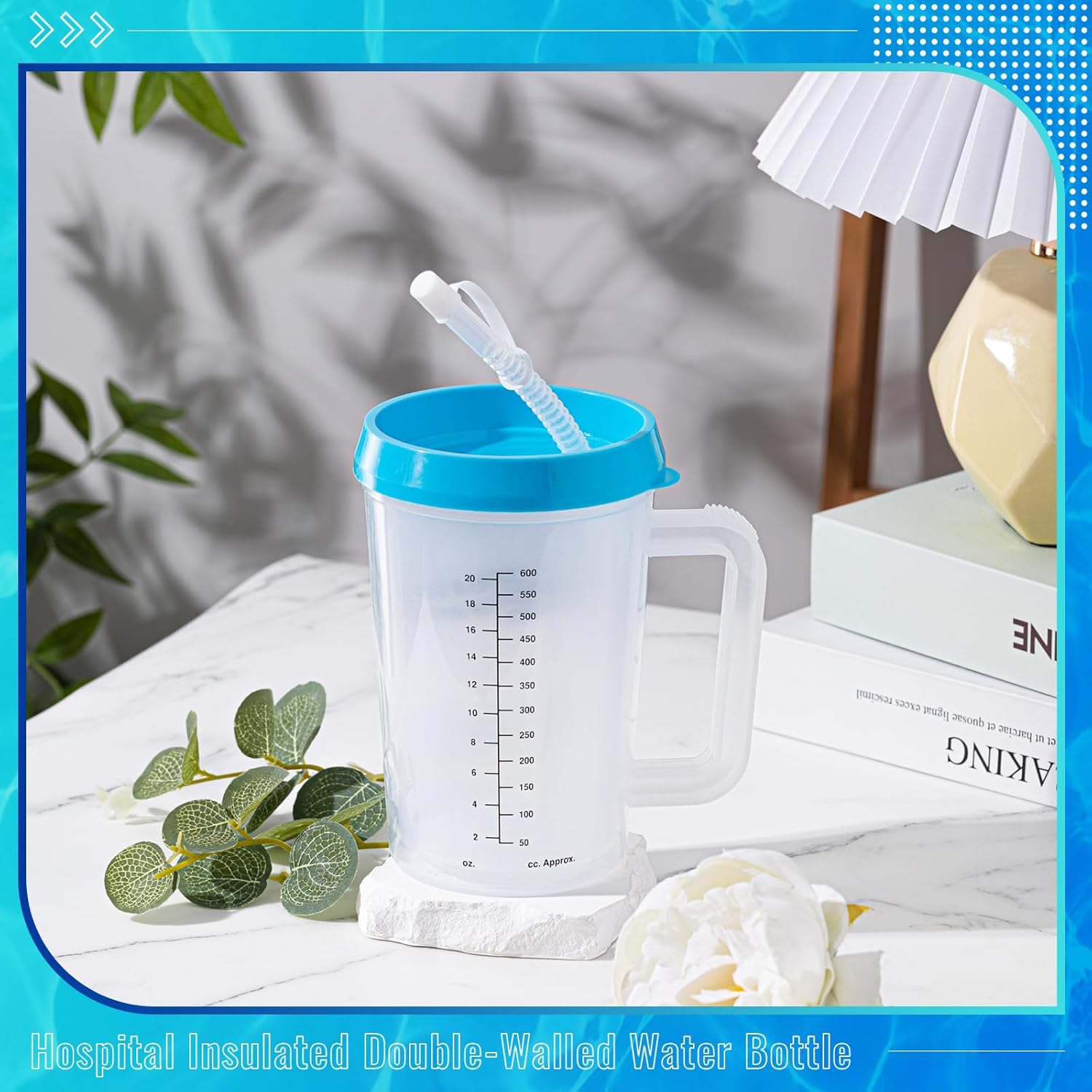 4 Pcs 20 oz Hospital Water Cup with Straw and Lid Insulated Double Walled Elderly Water Bottle Hospital Carafe Mug with Handle Graduated Plastic Drinking Sippy Cup for Adult(Blue)