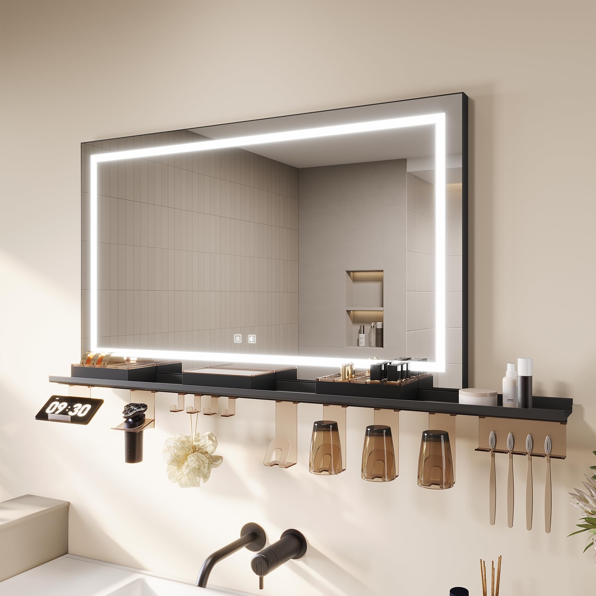 SONNI Lustro łazienkowe LED 100 x 60 cm z półką 120 cm, lustro dotykowe, 3 kolory światła, ochrona przed zaparowaniem, półka z uchwytem na telefon komórkowy + hak + uchwyt na szczoteczki do zębów +