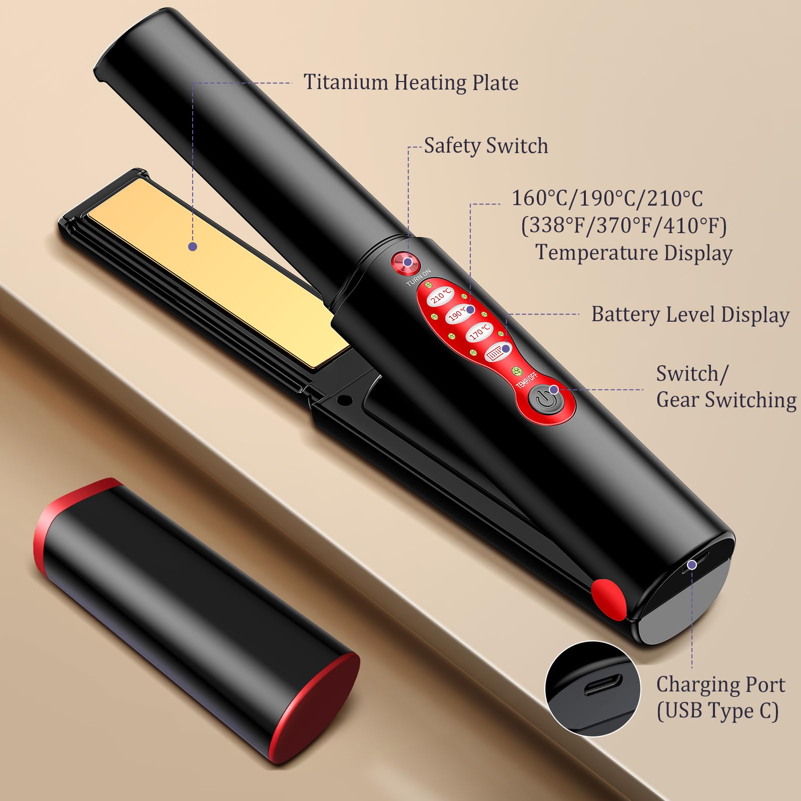 Piastra per capelli in titanio senza fili, mini ferro piatto portatile USB ricaricabile a calore rapido con batteria 5 V/5000 mAh, anti-scottatura a 3 livelli per capelli lisci e lucidi (nero)