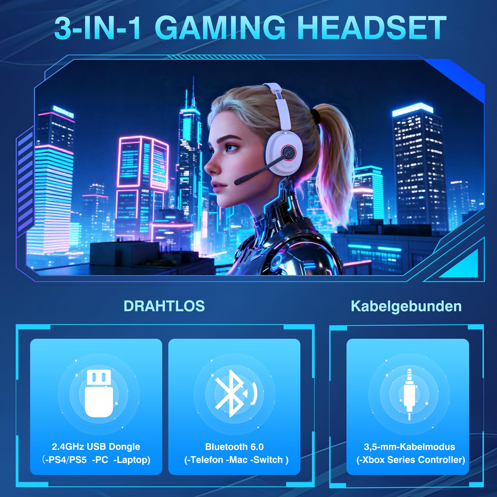 Earbay Cuffie da gioco senza fili con microfono per PS5/PS4/PC/Switch/Mac, 2,4 GHz & BT 6.0 wireless (≤ 20 ms) e cuffie con cavo da 3,5 mm, microfono con cancellazione del rumore, 7.1 Surround, luce