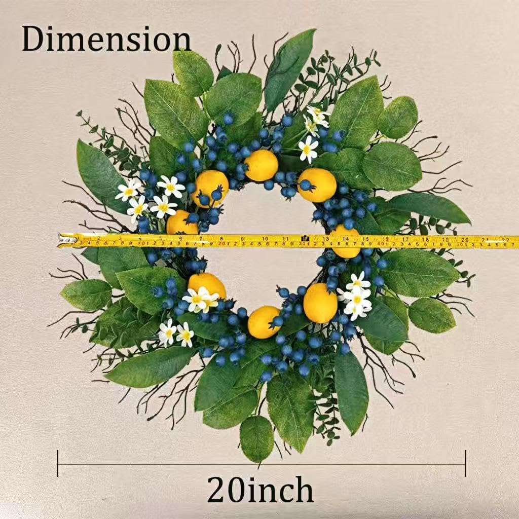 22in Lemon Wreath Blue Berry Green Leaf Front Door Porch Wall Decor