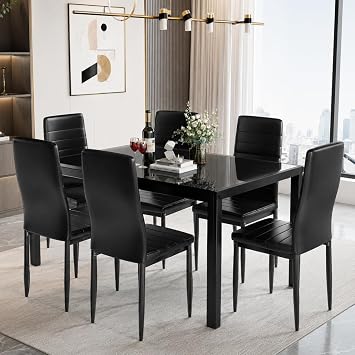 Recaceik 7 Piece Dining Table Set for 6, Tempered Glass Kitchen Table and PU Leather Chairs, Modern Dining Room Table Set for Small Space, Apartment