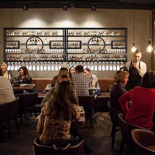 Miniatura 6 de Estante de vino de 47 pulgadas montado en la pared, estante de exhibición de botellas de vino colgantes de gran capacidad con soporte para vasos,