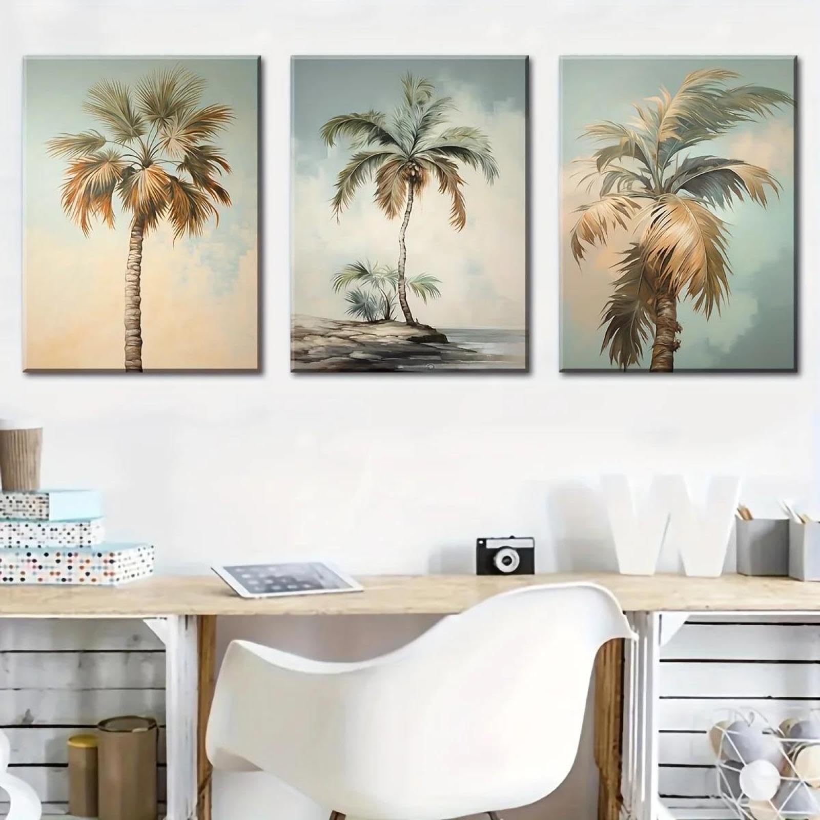 Yocheng 3pcs 2D Flat Coconut Tree Canvas Painting, Perfect For Home Office, Bathroom, Living Room, Bedroom, Cafe, Dining Room 50x70cmx3 No Frame