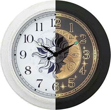 15 Inch Metal Outdoor Clock Waterproof Silent Illuminated Night Light | Battery Operated, Sun & Moon Dial Design, Weather-Resistant, Patio Garden Pool Porch Bathroom Kitchen Living Room Decor