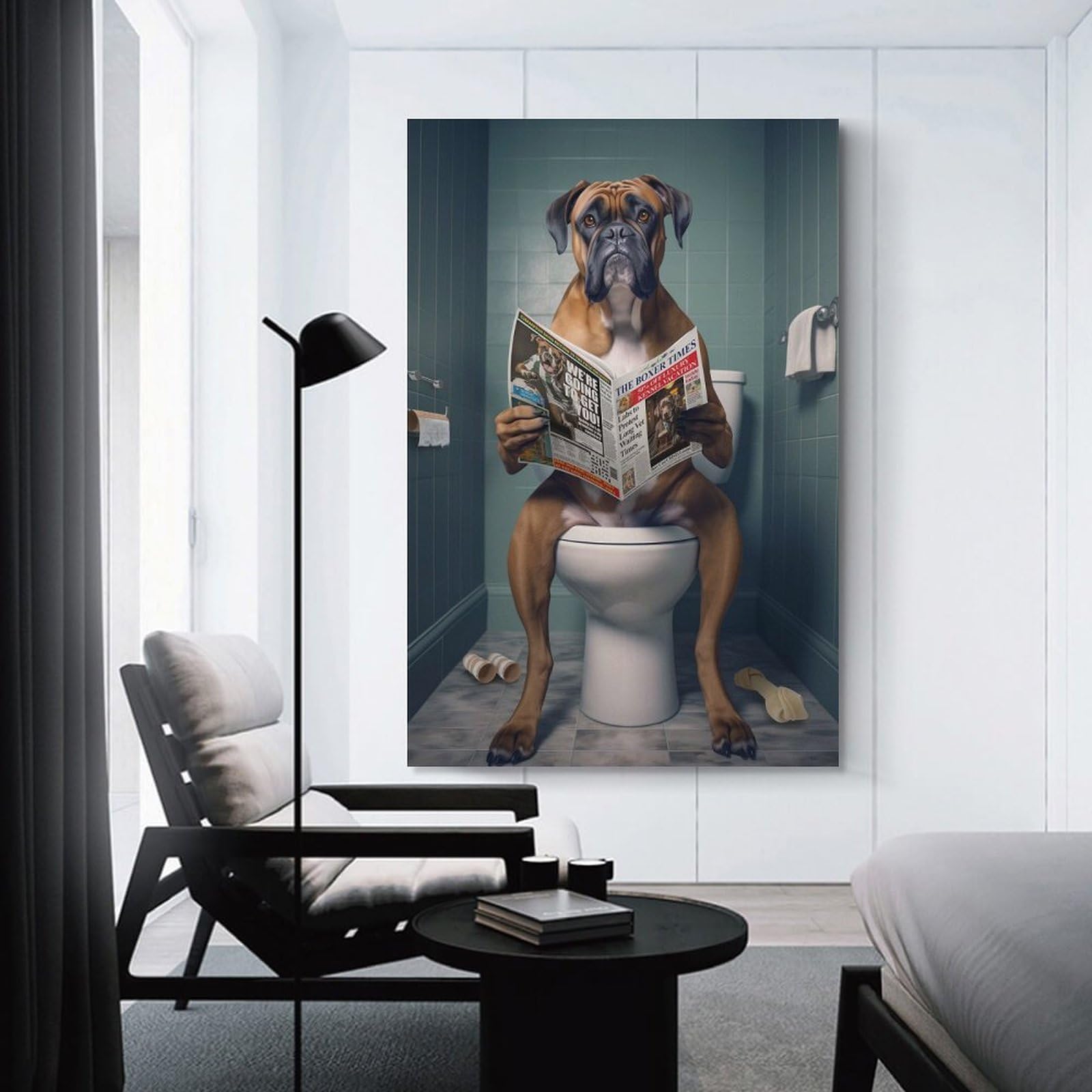 Junmoney Wall Art Print Boxer Dog on The Toilet, 16x24inch(40x60cm), for Picture Wall Styling in Lounge Or Bedroom, Wall Decor Suited to Curated Displays