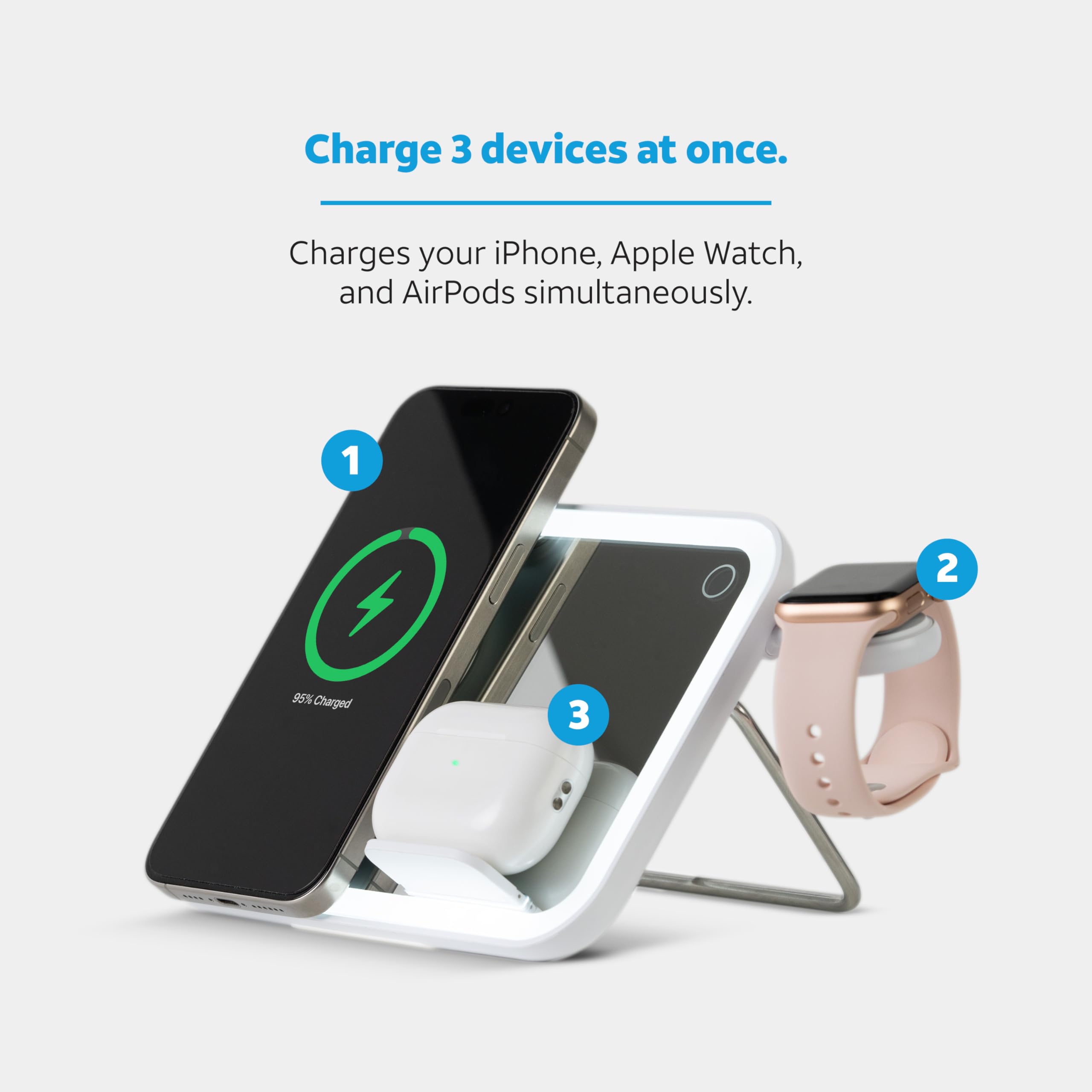 AT&T Essentials - Stazione di ricarica 3 in 1 con specchio a LED, compatibile con magneti, con bordo illuminato a LED (iPhone, Airpods, Apple Watch)
