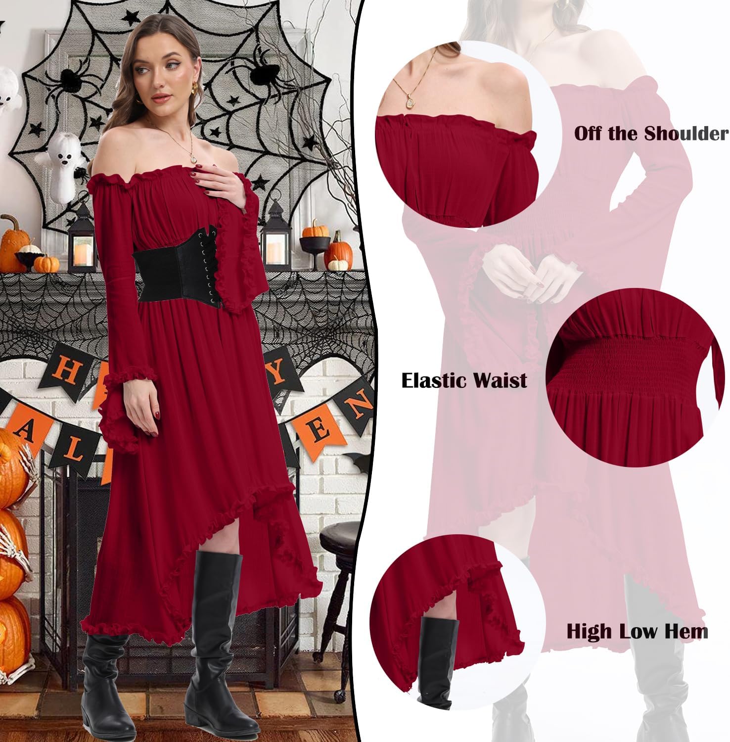 BITSEACOCO Women's Off Shoulder Gothic Witch High Low Dress Victorian Medieval Fairy Dresses Cosplay Halloween Costumes - Image 5