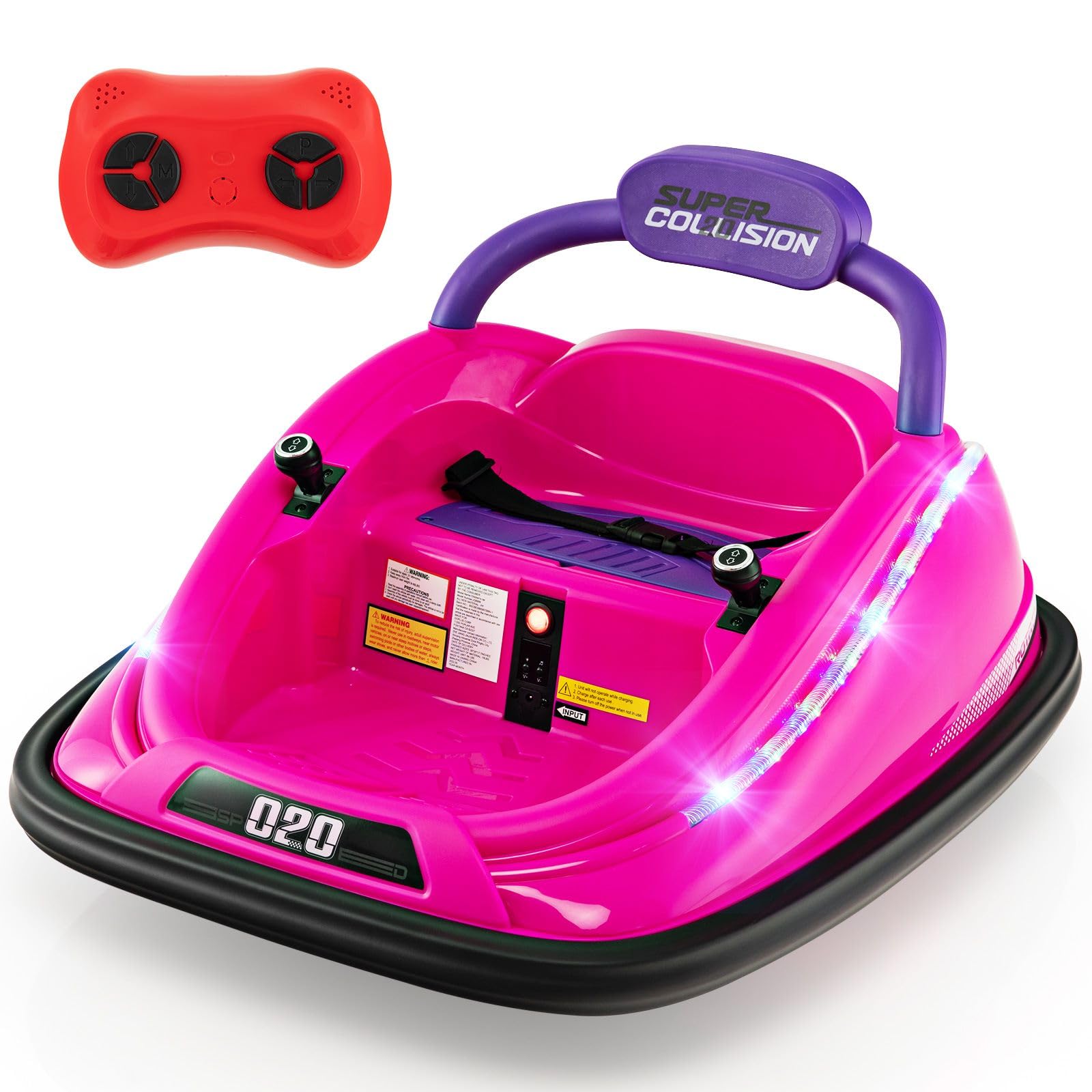 COSTWAY 12V Kids Bumper Car, 360-Degree Rotation Spin Children's Waltzer Cars with Dual Joysticks, Remote Control, Colorful Flashing Lights and Music, Battery Powered Ride on Vehicle for 3+ (Pink)