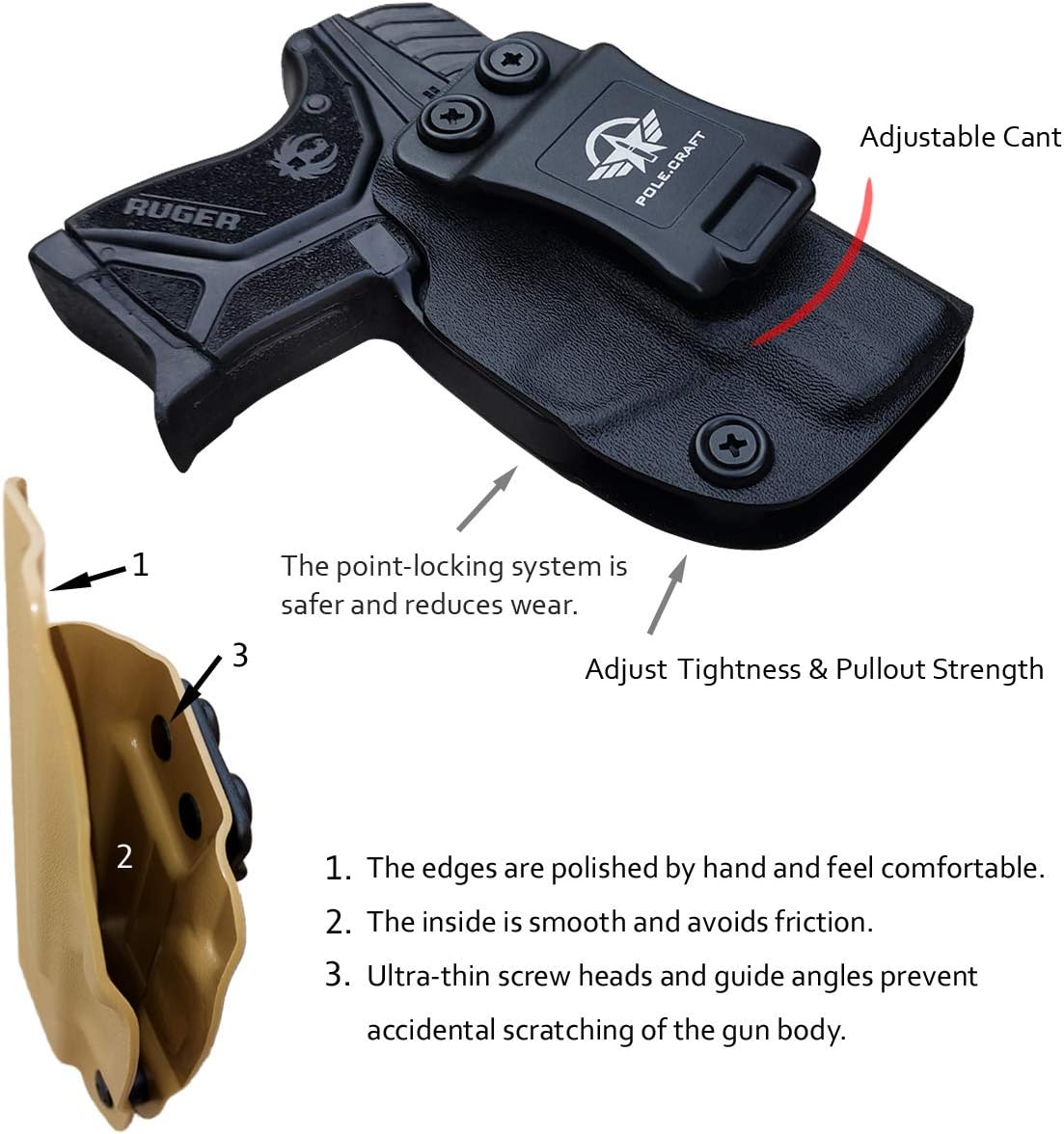 Ruger LCP 2 Holster IWB Kydex Holster Custom Fit: Ruger LCP II/LCP 2 Pistol - Inside Waistband - Adj. Cant Retention - Cover Mag-Button - No Wear - No Jitter