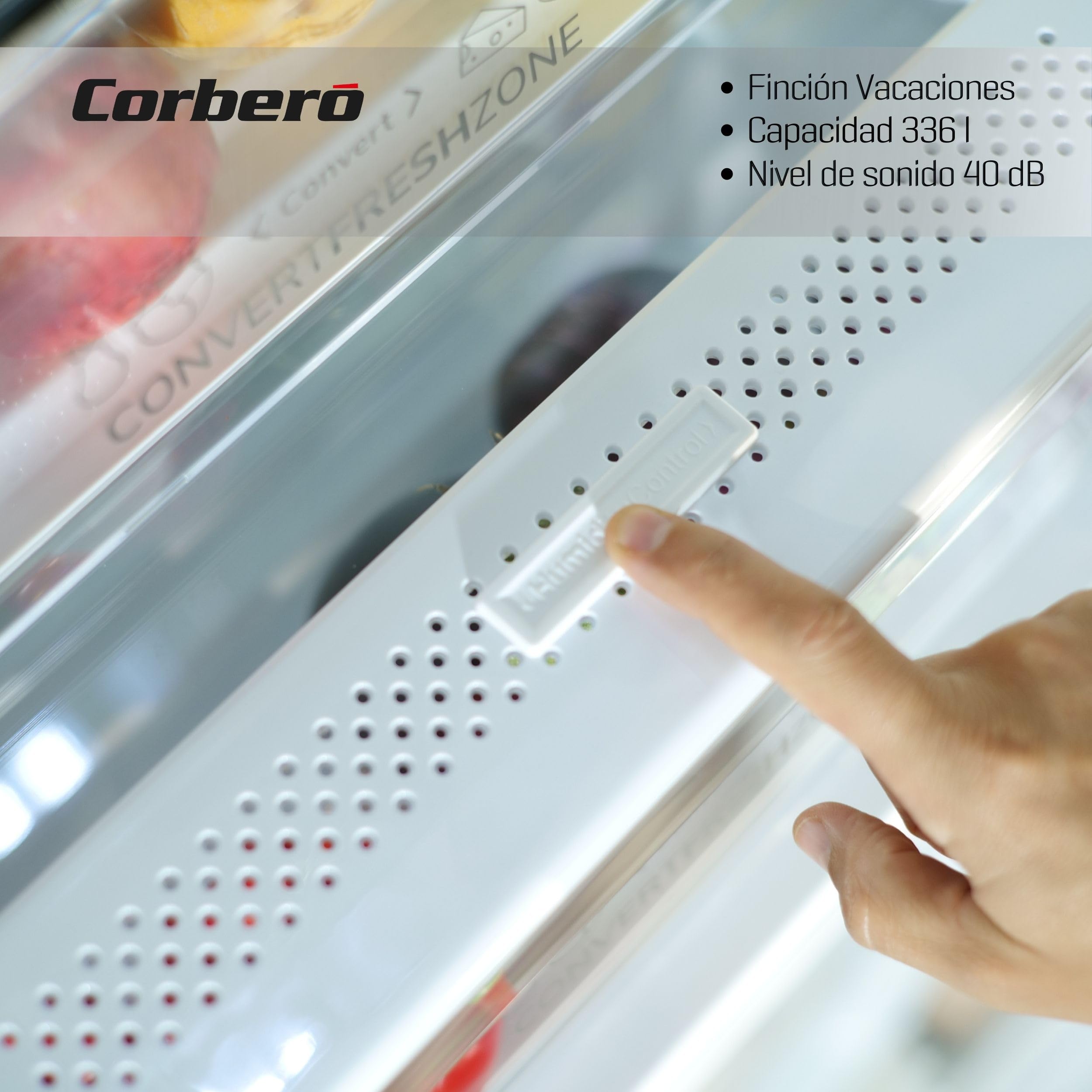 Corberó - Frigorífico Combi | CCM200834NFX | 336L | 57,9x59,5x202 | No Frost | Inverter | Luz LED | Fresh Box | Crisper | Balcones Ajustables | Estantes de Cristal | Huevera | 35 Db | Inox