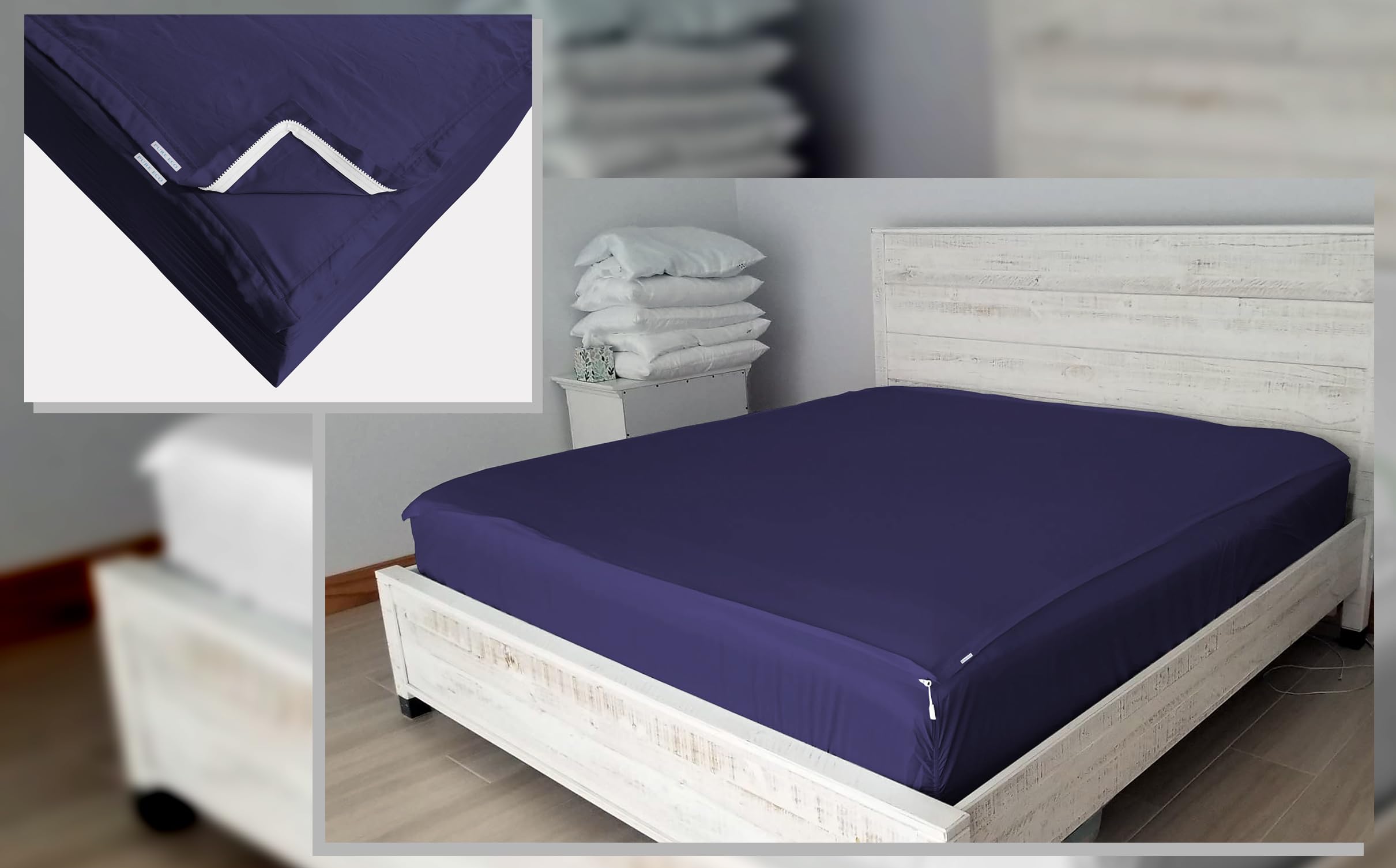 Zipper Fitted Sheet Full XL Size 54X80 - Includes 2 Zip-On Sheets & 1 Fitted Sheet Base - 8” Inch. Deep Pockets Full XL Size Zipper Sheets - Premium