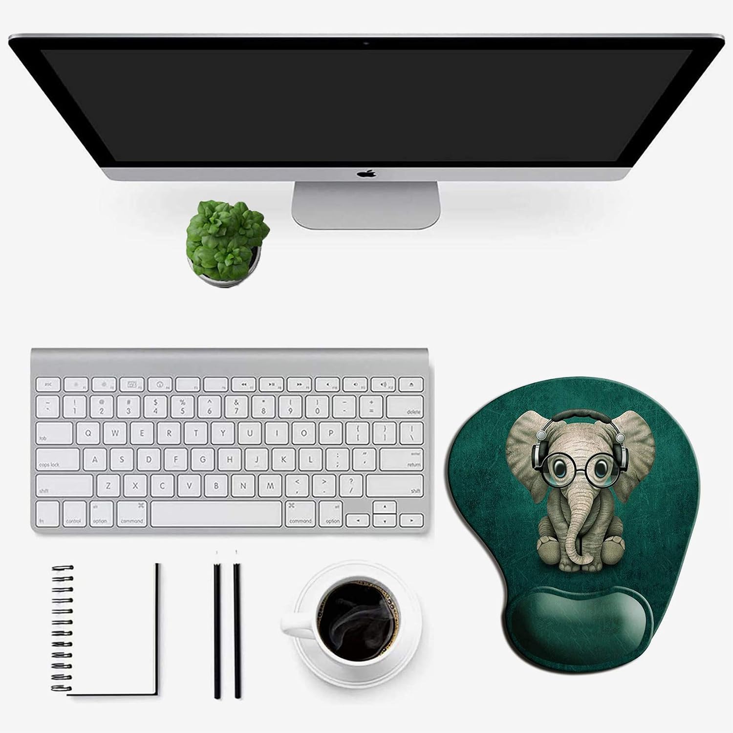 Ergonomic Mouse Pad with Wrist Support, Non Slip Mousepad with Lycra Cloth, Non-Slip PU Base Easy Typing Mouse Mat for Office, Computer, Laptop & Mac (Moon Cute Elephant)
