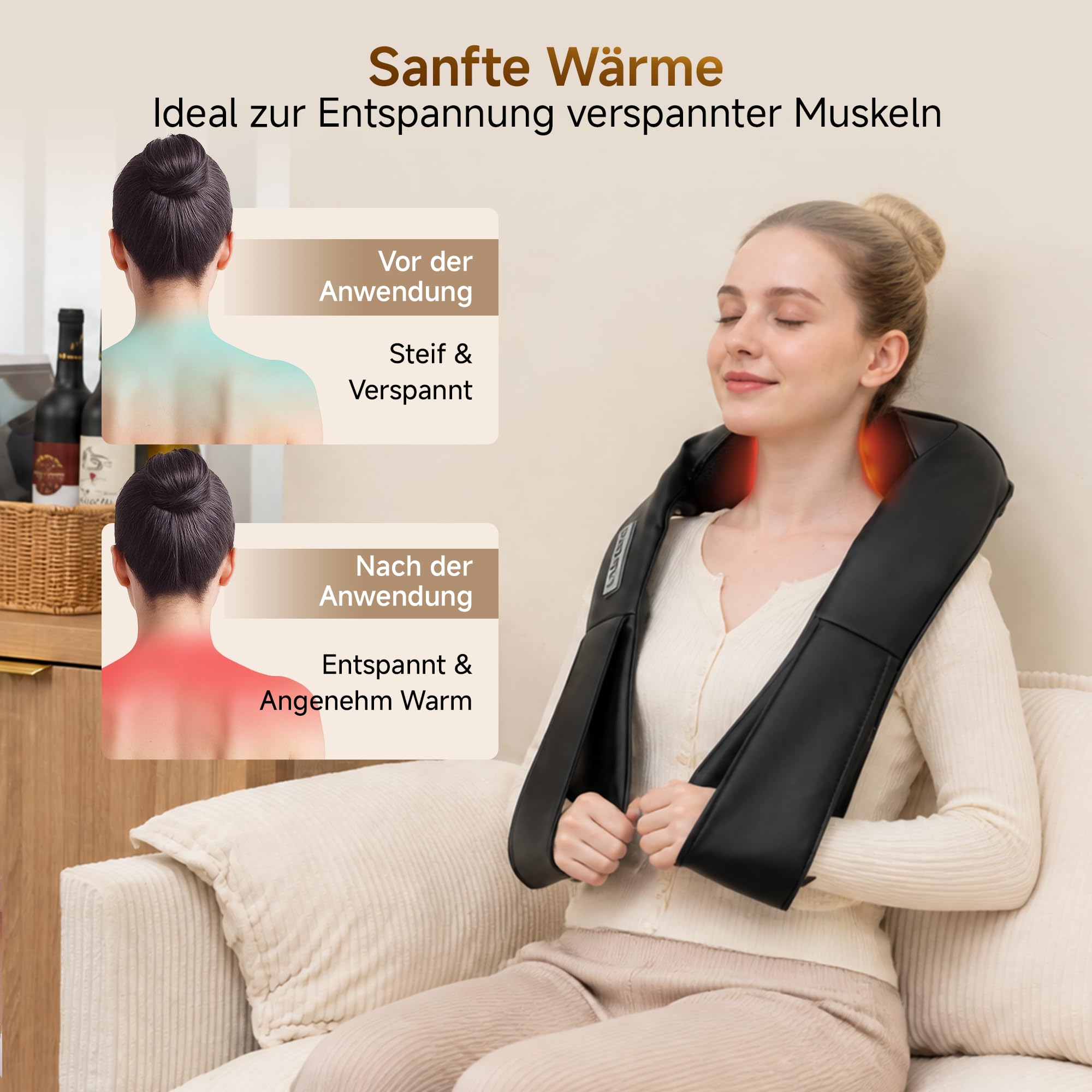 Real Relax Nackenmassagegerät mit Wärme, 3D Shiatsu Massagekissen für Nacken, Schulter, Rücken, Beine, 3 Intensitäten, Tragbar für Zuhause Büro, Geschenk für Frauen Männer - Schwarz